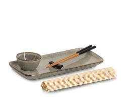 ZELLER 26514 Sushi-Set, 5-tlg., Steingut/Bambus, ca. 28 x 14 x 2,5 cm, Ø 7 x 4 cm
