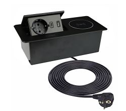 DesignLight ZEOBOX schwarz mit 1x Schuko, 1xUSB A und C und Induktionsladegerät / Tischsteckdose